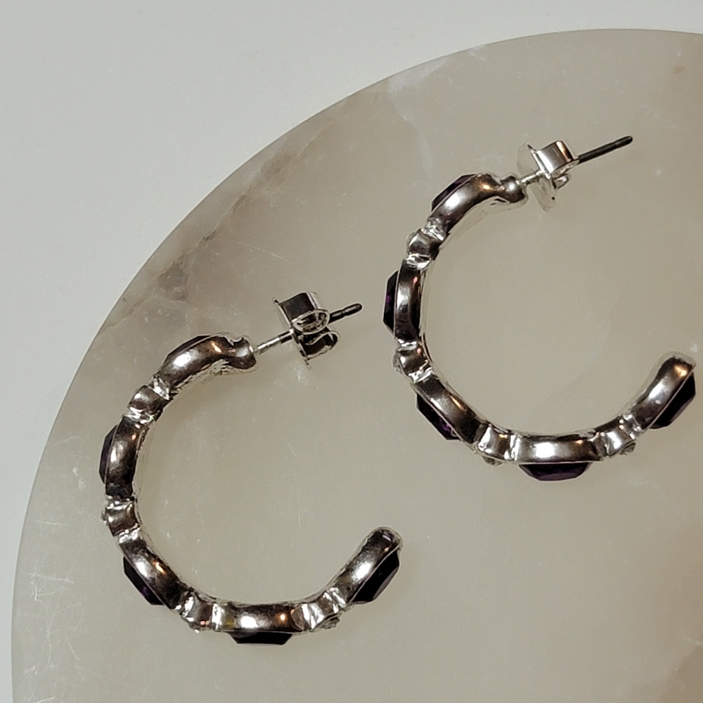 Avon Birthstone-Color Hoop Earrings February Amethyst Silver Tone Rhinestone - Picture 7 of 16